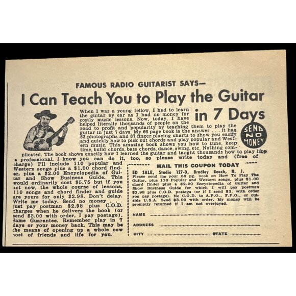 Ed Sale Learn to Play Guitar Print Ad Vintage 1950s Mail Order Bradley Beach NJ - Picture 1 of 5